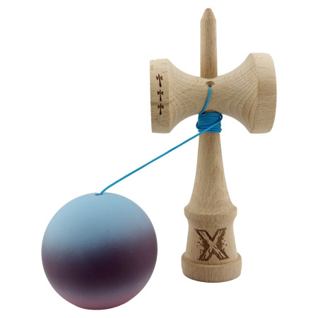 Kendama X Originala, Profesionala, Cyrax, Big Cups V2, Rubber Grip cu Cupe Mari, Rulment Metalic cu Ata 55 cm, Gradient Albastru/Mov/Roz