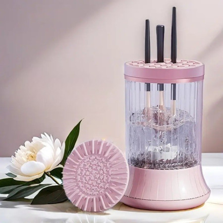 Dispozitiv Portabil de Curatare a Pensulelor de Machiaj, Cyrax, pentru Pensule de Diferite Dimensiuni, 5V, 7000RPM, Vibratii Sonice, USB Type C, 9x9x16 cm, Roz