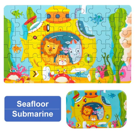 Puzzle 60 de Piese din Lemn in Cutie Metalica, Cyrax, Model Submarin, Educativ, Dezvoltare Abilitati Cognitive, pentru Prescolari, 22.5x13.5 cm, Multicolor