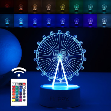 Lampa LED decorativa,  3D, Roata Panoramica, cu telecomanda, doua moduri de alimentare USB si baterii, 20 cm inaltime, din material acril si lumina multicolora, alb