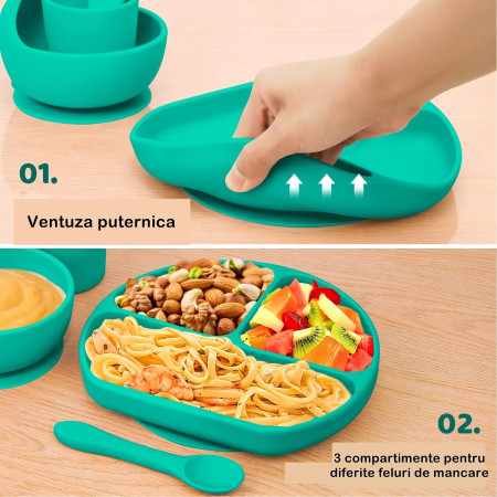 Set 5 piese diversificare bebelusi si copii din silicon Cyrax, baveta, farfurie compartimentata cu ventuza, bol cu ventuza, tacamuri, fara alergeni, verde