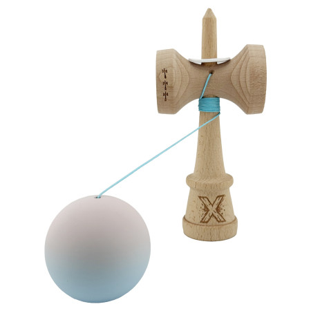 Kendama X Originala, Profesionala, Cyrax, Rubber Grip, Cupe Mari KING SIZE V3, Gaura in Baza, Rulment Metalic, din lemn 18 cm, Ata 62/65 cm, Gradient Lila/Turcoaz
