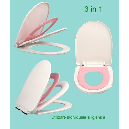 Capac de Toaleta cu Reductie 3 in 1, Cyrax, pentru Copii +3 Ani si Adulti, Coborare Lenta si Silentioasa, Instalare Usoara, din PP5 , in Forma de U, Alb/Roz