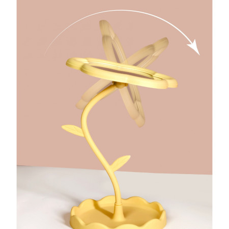 Oglindă de Machiaj pentru Birou, Cyrax, Rotativă, Detasabilă, Model de Floarea Soarelui, Suport pentru Inele, cu Depozitare, Galbena