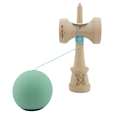 Kendama X Originala, Profesionala, Cyrax, Rubber Grip, Cupe Mari KING SIZE V3, Gaura in Baza, Rulment Metalic, din lemn 18 cm, Ata 62/65 cm, Bicolor Turcoaz/Albastru inchis