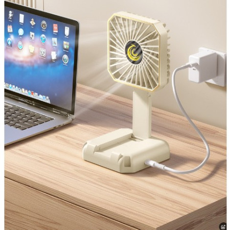 Ventilator Portabil,  de Gat, de Birou, Suport Telefon, 14 x 7 cm, Incarcare USB, din ABS, 3 Viteze, Bej