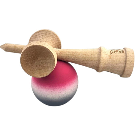 Kendama X Originala, Profesionala, Cyrax, din Lemn, Rubber Grip, 18 cm, Roz/Alb/Gri