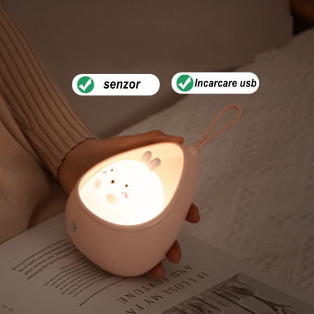 Lampa de veghe portabila cu 2 moduri de functionare  silicon non-toxic, reincarcabila USB, senzor miscare, roz, iepuras