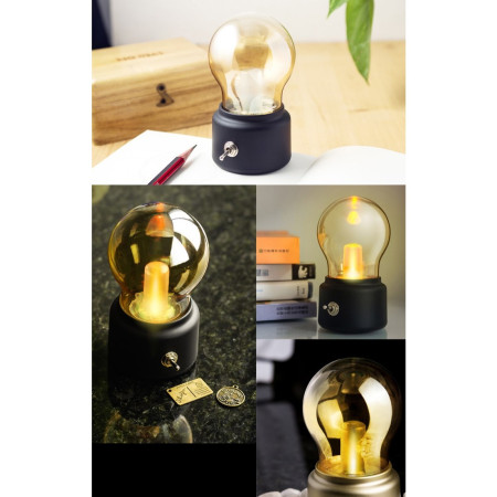 Lampa LED Decorativa sub forma de Bulb, Retro pentru interior, Negru/ Transparent, 5 V, 500 mA, ABS, Lumina Calda, Incarcare USB, Autonimie 12 Ore, Comutator Metalic,  11x7x6 cm