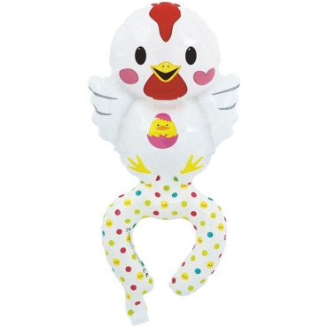 Balon din Folie Metalizata, Cyrax, Figurine Animalute, Tip Bratara, Model Gaina, Ambalaj Individual, Pai Inclus, Umflare cu Aer sau Heliu, Alb