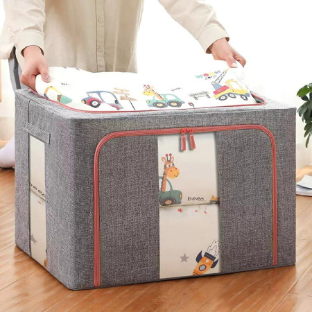 Cutie de depozitare pliabila,  Cu fermoar, 100 L, Textil, 60x42x40 cm, Cadru Metalic, Suport Baza Stabil din Plastic, Gri, Cu doua ferestre