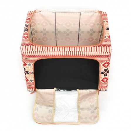 Cutie de Depozitare Pliabila, 100 L din Bumbac si In, 60X42X40 cm, Fereastra Frontala, 2 Usi de Acces cu Fermoar Bidirectional, Cadru Metalic, Suport Baza Stabil din Plastic, Motiv Traditional Model 1