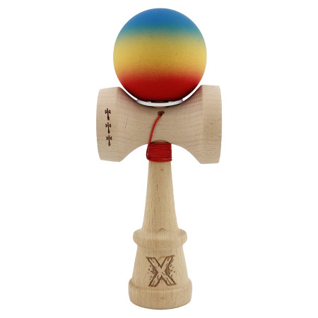 Kendama X Originala, Profesionala, Cyrax, Cupe Mari KING SIZE V3, Rubber Grip, Gaura in Baza, Rulment Metalic, din lemn 18 cm, Ata 62/65 cm, Gradient Albastru/Galben/Rosu