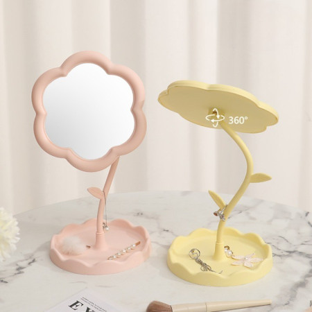 Oglindă de Machiaj pentru Birou, Cyrax, Rotativă, Detasabilă, Model de Floarea Soarelui, Suport pentru Inele, cu Depozitare, Galbena