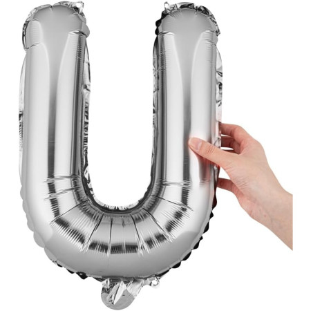 Balon Folie Metalizata Litera U, Cyrax, 80 cm, Umflati cu Heliu sau Aer, Ambalaj Individual, Pai inclus, Argintiu