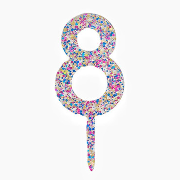 Decoratiune Topper pentru Tort, Cyrax, din Acrilic cu Fulgi de Sclipici, Model Cifra 8, Inaltime 18.5 cm, Transparent Multicolor 