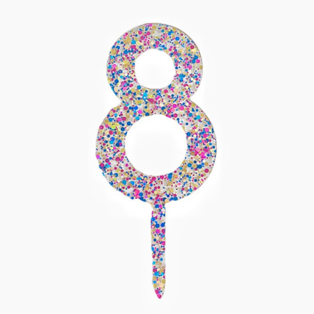 Decoratiune Topper pentru Tort, Cyrax, din Acrilic cu Fulgi de Sclipici, Model Cifra 8, Inaltime 18.5 cm, Transparent Multicolor 