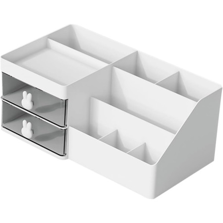 Cutie de Depozitare pentru Birou,  Pentru Makeup, Papetarie, Organizator Cosmetice, 2 Sertare si Compartimente Multiple, Model Iepuras, Plastic, 27.5x15.5x12 cm, Alb
