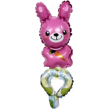 Balon din Folie Metalizata, Cyrax, Figurine Animalute, Tip Bratara, Model Iepuras, Ambalaj Individual, Pai Inclus, Umflare cu Aer sau Heliu, Roz