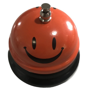 Clopotel Metalic Multifunctional, Cyrax, Portocaliu cu Imprimeu Smiley Face, 7.5x7.5x6.5 cm, Receptie, Restaurant, Cafenele