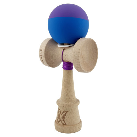 Kendama X Originala, Profesionala, Cyrax, Rubber Grip, Cupe Mari KING SIZE V3, Gaura in Baza, Rulment Metalic, din lemn 18 cm, Ata 62/65 cm, Bicolor Mov/Albastru