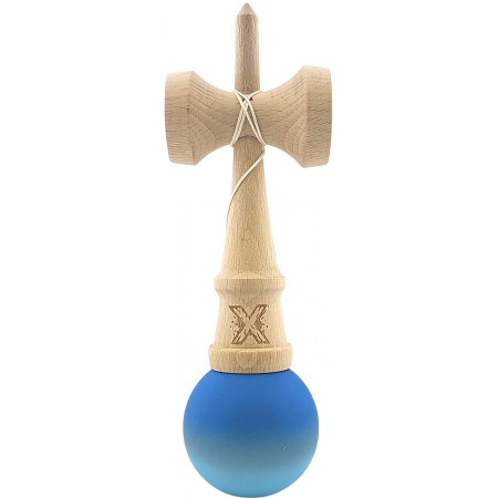 Kendama X Originala, Profesionala, Cyrax, din Lemn, Rubber Grip, 18 cm, Albastru inchis/Gri/Albastru deschis