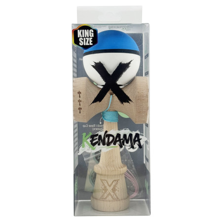 Kendama X Originala, Profesionala, Cyrax, Cupe Mari KING SIZE V3, Rubber Grip, Gaura in Baza, Rulment Metalic, din lemn 18 cm, Ata 62/65 cm, S Bicolor Albastru/Alb