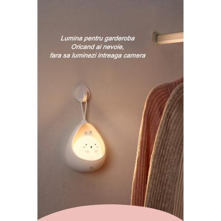Lampa de veghe portabila cu 2 moduri de functionare  silicon non-toxic, reincarcabila USB, senzor miscare, roz, iepuras