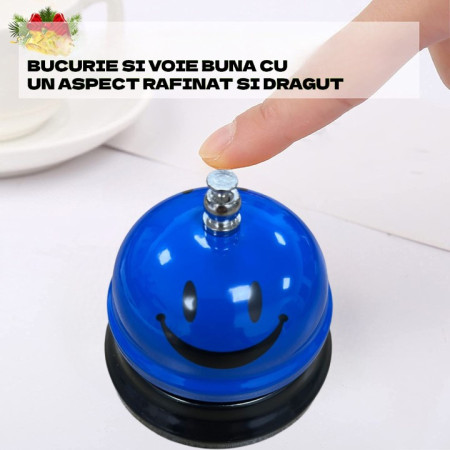 Clopotel Metalic Multifunctional, Cyrax, Albastru cu Imprimeu Smiley Face, 7.5x7.5x6.5 cm, Receptie, Restaurant, Cafenele