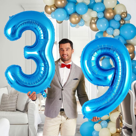 Balon din Folie Metalizata, Cyrax, Figurina Cifra, Tema Aniversare 100 cm, Ambalaj Individual, Pai inclus, Umflare cu Aer sau Heliu, Albastru, Cifra 9