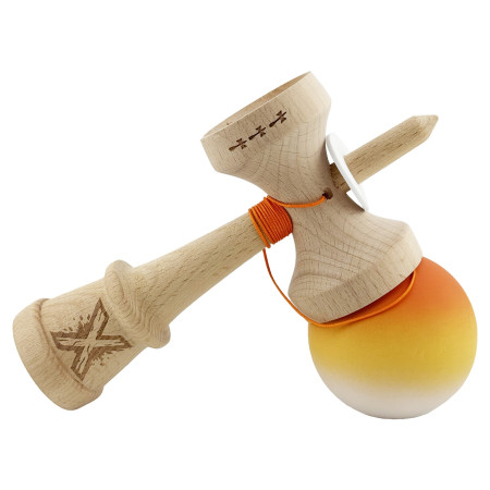 Kendama X Originala, Profesionala, Cyrax, Cupe Mari KING SIZE V3, Rubber Grip, Gaura in Baza, Rulment Metalic, din lemn 18 cm, Ata 62/65 cm, Gradient Portocaliu/Galben/Alb
