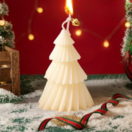 Lumanare de Craciun Parfumata,  Lumanare Rotativa cu Aromaterapie, Model Brad de Craciun forma Lunga, din Ceara de Soia, 11 x 8 x 8 cm, Alb
