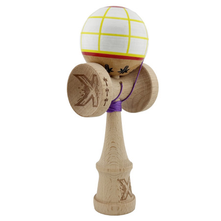 Kendama X Originala, Profesionala, Cyrax, Big Cups V2, Model Glob Super Sticky Legendary Cupe Mari, Rulment Metalic cu Ata 55 cm, Alb/Galben/Rosu