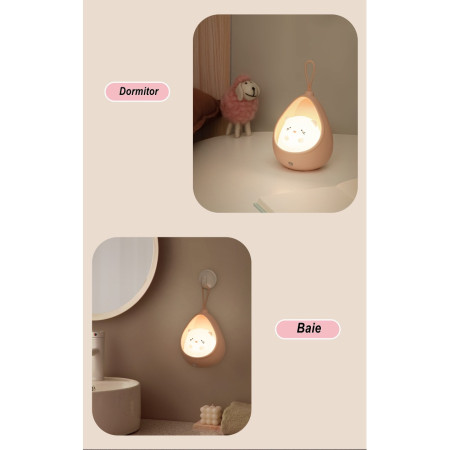 Lampa de veghe portabila cu 2 moduri de functionare  silicon non-toxic, reincarcabila USB, senzor miscare, roz, iepuras