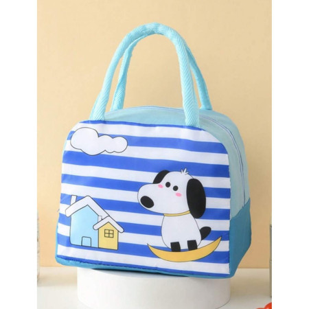 Geanta Termoizolanta pentru Copii, Cyrax, 23x13x19 cm, Model Imprimeu Catel, din Folie de Aluminiu si Panza Oxford, Albastru/Alb