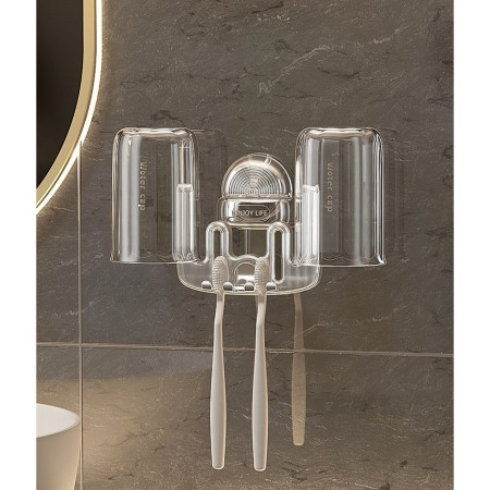 Suport Multifunctional Dublu, Pahar si Suport pentru Periuta de Dinti,  Plastic, 11 cm x 11.5 cm, Gri