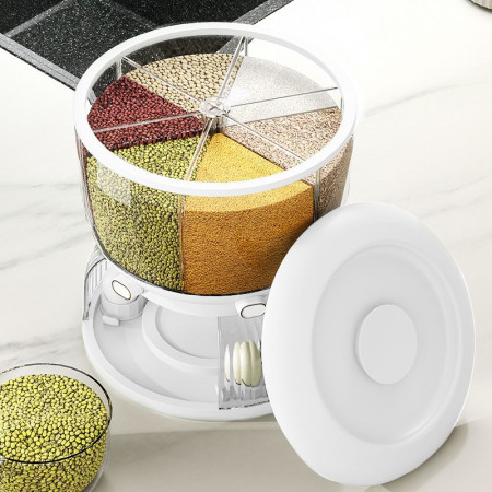 Dozator etajat de cereale Cyrax, rotativ 360, 6 compartimente, capacitate 10L, cofrag special pentru oua, vas pentru scurgerea cerealelor, 35x27.5 cm, alb