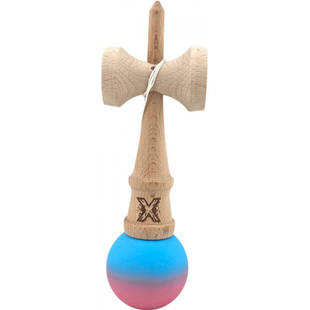 Kendama X Originala, Profesionala, Cyrax, din Lemn, Rubber Grip, 18 cm, Albastru/Roz