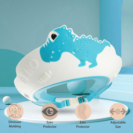 Cyrax Viziera de Protectie Baie Pentru Copii, Fippy, Model Dinozaur, Dimensiune ajustabila, Durabil, Usor de curatat, Impotriva Samponului, pentru Ochi si Urechi, TPE+PP, 22x21 cm, Albastru
