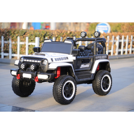 Masina Electrica pentru Copii, Cyrax, Off-Road, Conectare Bluetooth, telecomanda, Tractiune Spate, Lumina Intermitenta, Baterie 12V 7Ah, 120 x 63 x 68cm, Alb