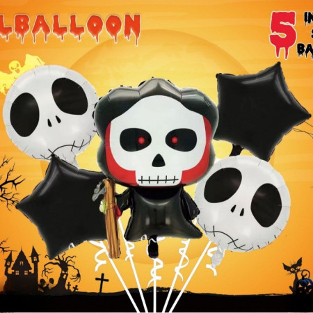 Set 5 Baloane din Folie Metalizata, Cyrax, Figurine, Tema Halloween, Pai Inclus, Ambalaj Individual, Umflare cu Aer sau Heliu, Figurina Craniu 50.5x74 cm, Stelute si Cerculete 45 cm, Alb-Negru