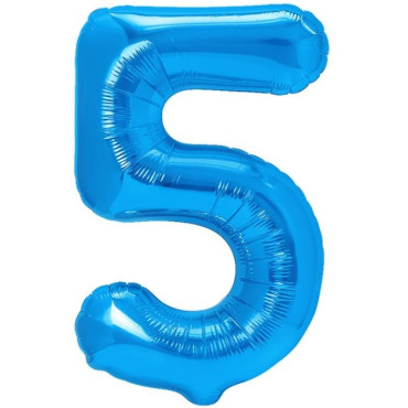 Balon din Folie Metalizata, Cyrax, Figurina Cifra, Tema Aniversare 80 cm, Ambalaj Individual, Pai inclus, Umflare cu Aer sau Heliu, Albastru, Cifra 5