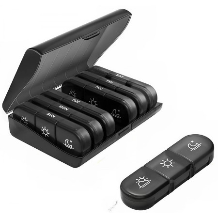 Cutie Depozitare Medicamente,  7 Zile, 21 Compartimente, Cutie Suport, Recipiente Detasabile, Portabila, Negru, 15.6x12 cm