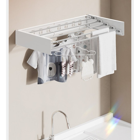 Suport Haine,  Depozitare si Uscare Rufe, din Aluminiu, Pliabil, Impermeabil, Montare prin Perforare, 80 cm, Alb