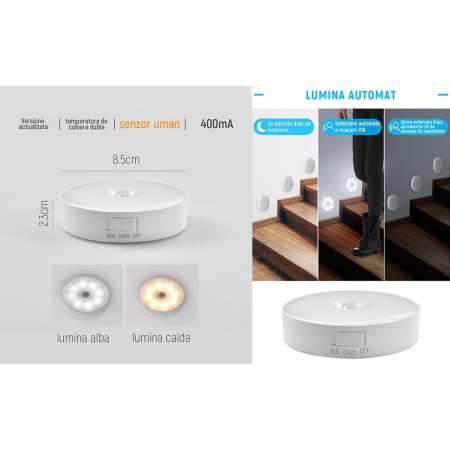 Lampa de Veghe LED,  cu Senzor de Miscare, Incarcare USB, 0.6W, 300mAh, Design Rotund, Alb, 8.5x2.3 cm