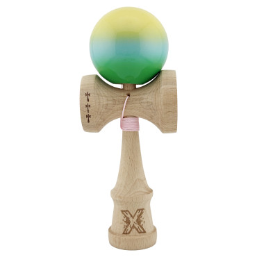 Kendama X Originala, Profesionala, Cyrax, Big Cups V2, Super Sticky cu Cupe Mari, din lemn 18 cm, Rulment Metalic cu Ata 55 cm, Galben/Albastru/Verde