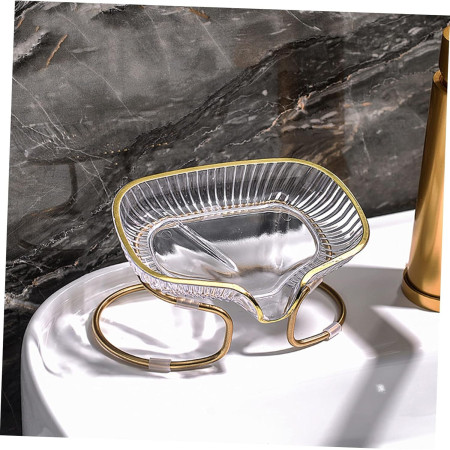 Savoniera cu Suport,  Sistem de Scurgere a Apei, Margine Aurie, 14 x 8.5 x 9 cm, din TPE, Transparent