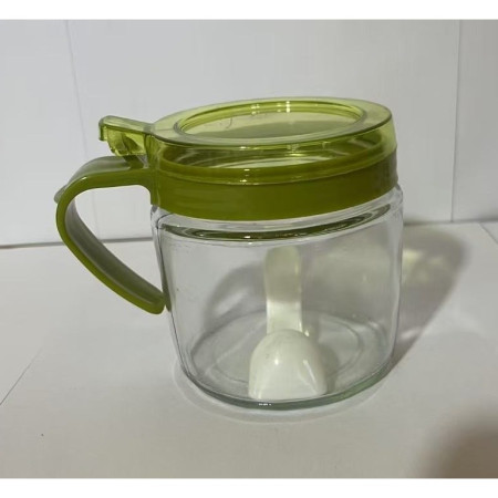Recipient Condimente, Cyrax, din Stilca, 180 ml, cu Maner si Lingurita, 8 x 9 cm, Capac Transparent, Verde