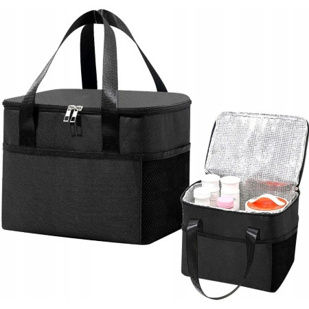 Geanta Termica Cyrax pentru Pranz, Compartimente Telefon si Tacamuri, Multifunctionala, Impermeabila, 24x18x21 cm, Negru