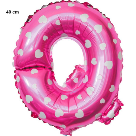 Balon Folie Metalizata Litera Q, Cyrax, 40 cm, Cu Imprimeu Inimioare, Umflati cu Heliu sau Aer, Ambalaj Individual, Pai inclus, Roz